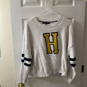 Tommy Hilfiger White Sweater with Yellow 'H' and Navy Stripes